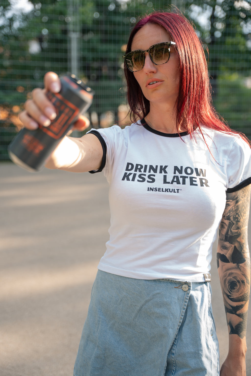 DRINK NOW KISS LATER RINGER T-SHIRT WHITE