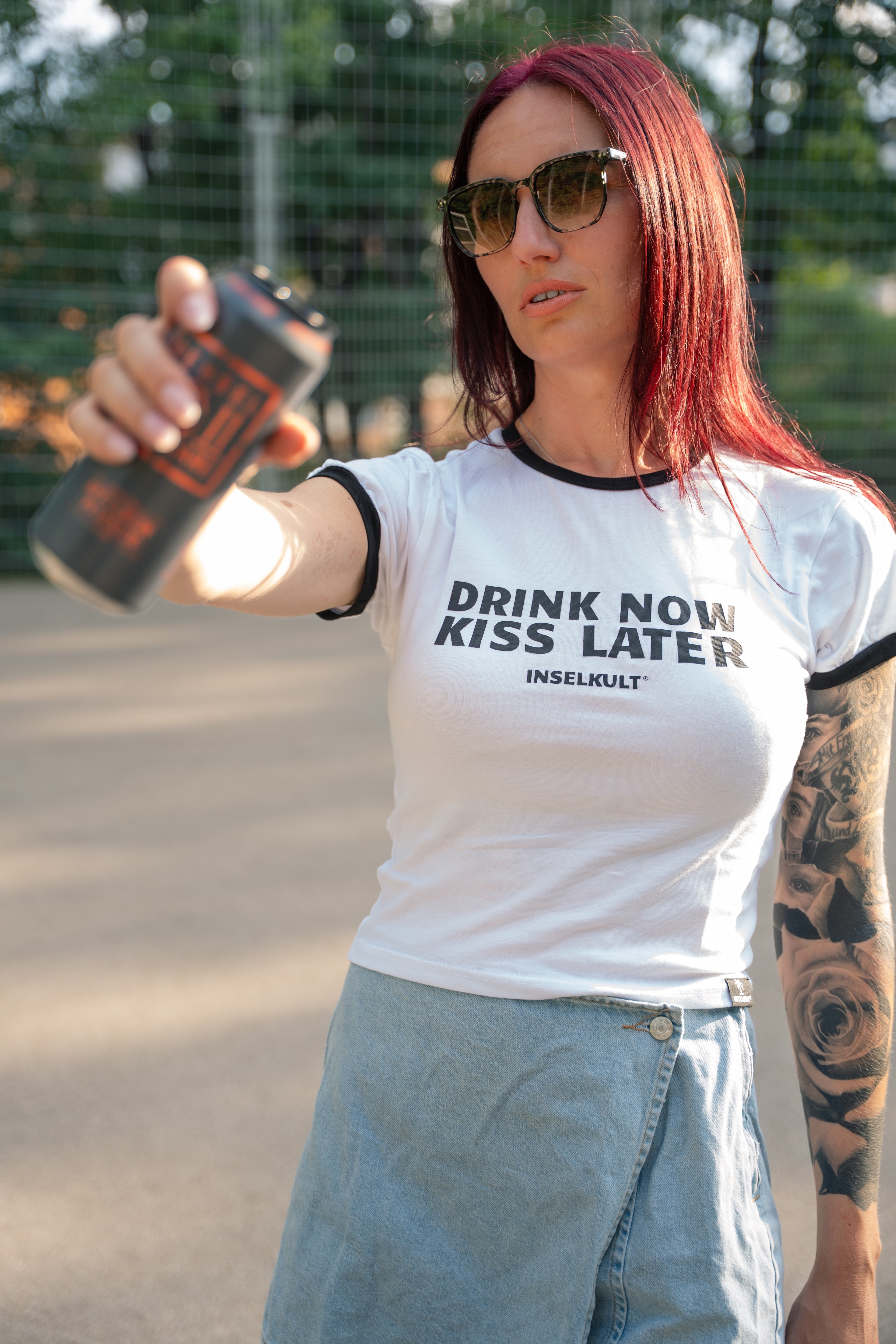 DRINK NOW KISS LATER RINGER T-SHIRT WHITE